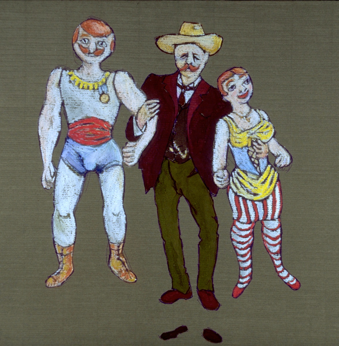 Late 1970s Carnival sideshow performers. On hand-made British paper and pastel.