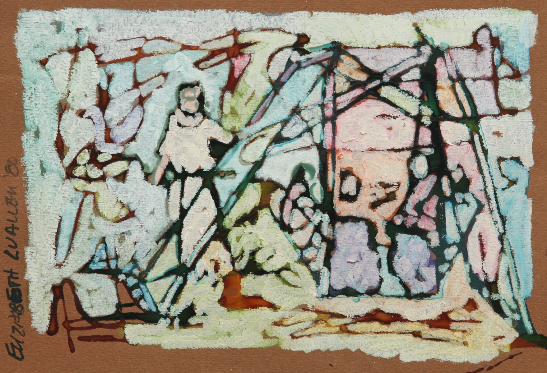 Abstract of children in a swingset with parents looking on.